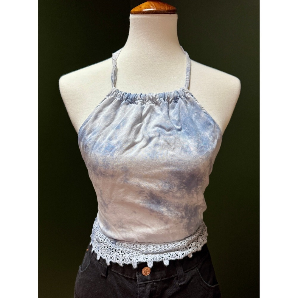 American Eagle Tie Dye Crochet Trim Crop Halter Top Women's S